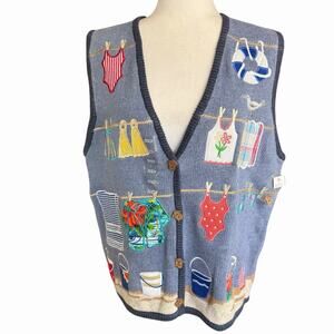 Vtg 90s Mandal Bay Sweater Vest Coastal Beach Cardigan Grannycore Teacher L NWT